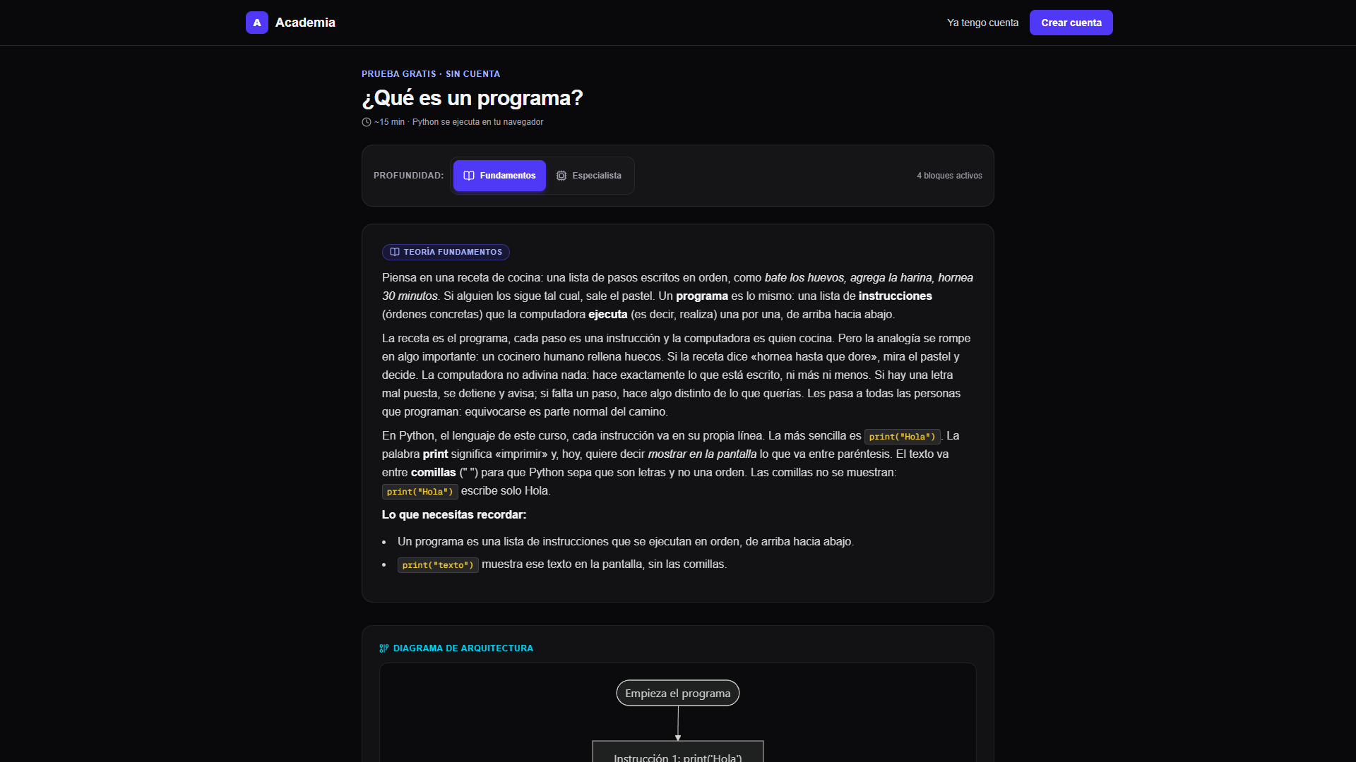 Entorno interactivo de aprendizaje adaptativo y ejecución de código en Academia