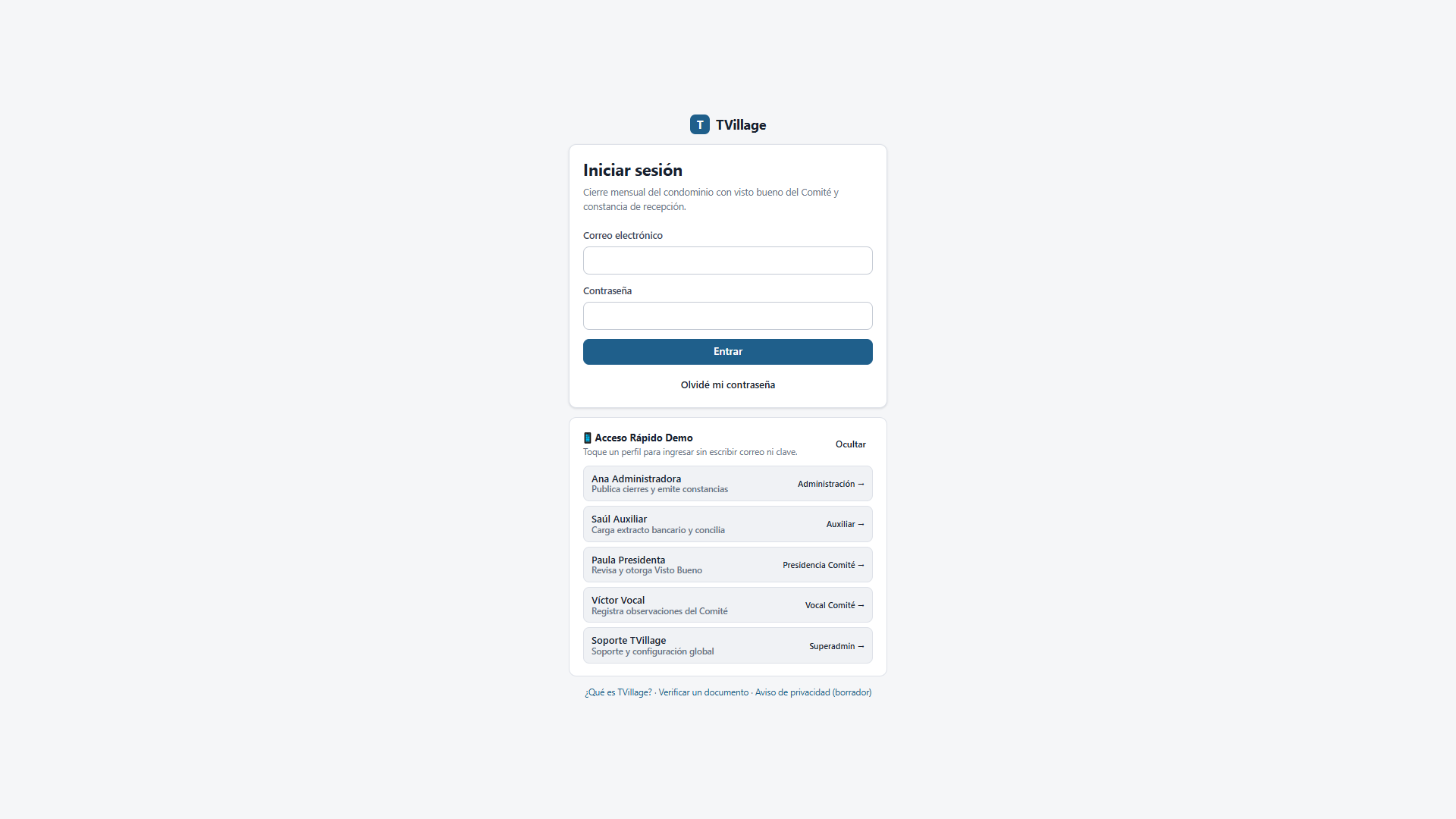 Tablero de cierre mensual y administración de condominios en TVillage